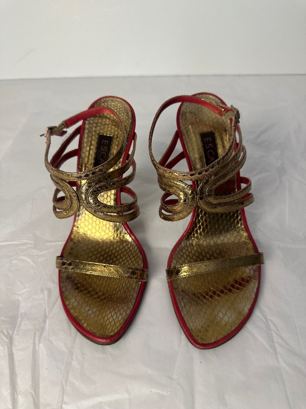 ESCADA gold snake print heels with red accents. Size 36.5